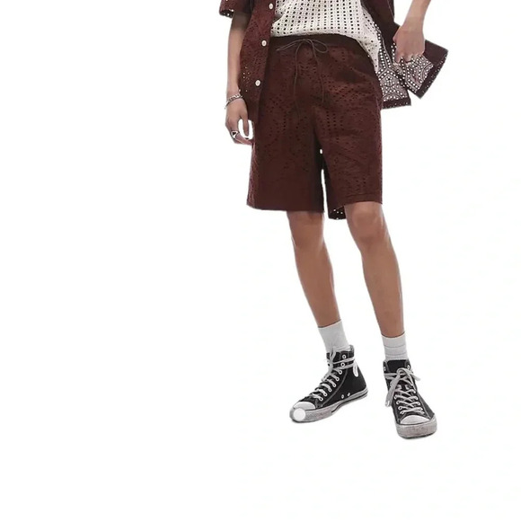 Topman Brown Eyelet Shorts Mens size 32 Flat Cotton Drawstring New - Picture 1 of 11